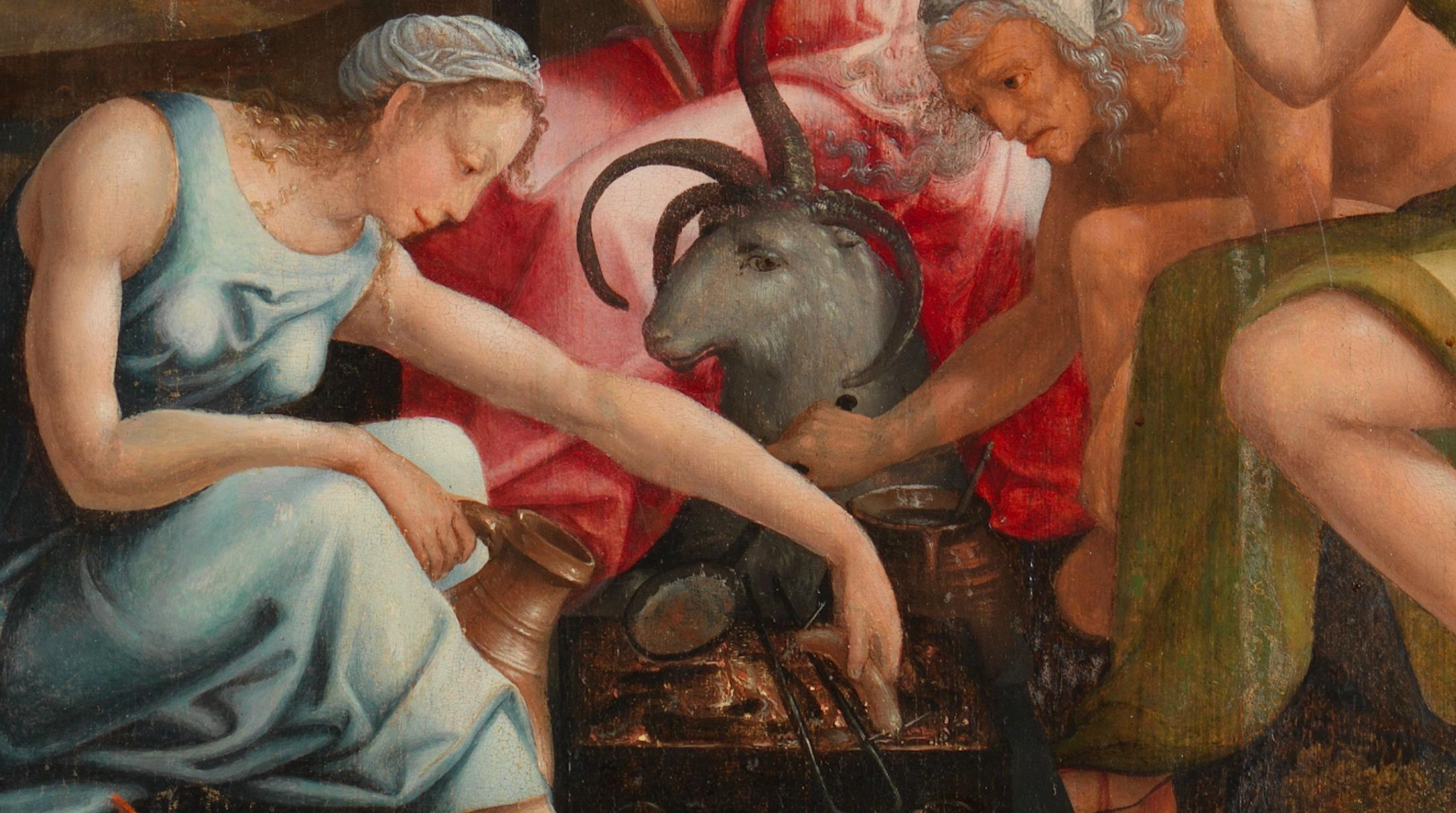 Jacob Cornelisz van Oostsanen, Saul e la Strega di Endor, 1526, olio su tavola, 85.5 cm x 122.8 cm, Rijksmuseum, Amsterdam. Dettaglio della scena magica.