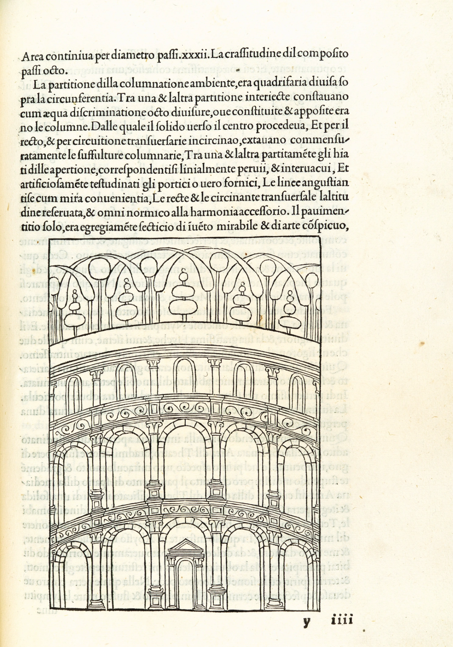 Hypnerotomachia Poliphili di Francesco Colonna, editore Aldo Manuzio, Venezia, 1499, 29.5 × 22 × 4 cm, pagina con illustrazione di un anfiteatro, segnatura y 4 recto, The Metropolitan Museum of New York.