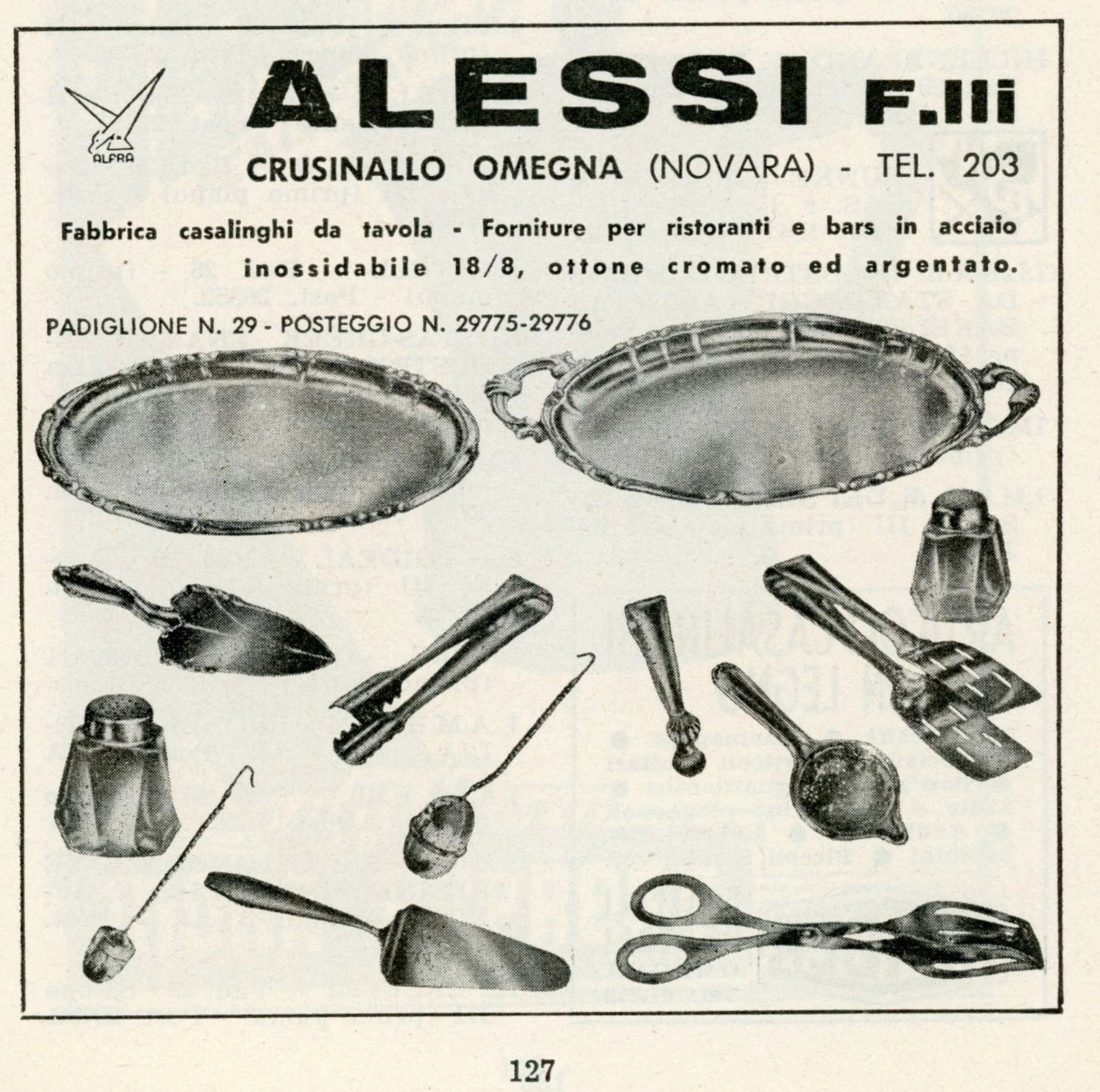 Pubblicità casalinghi da tavola F.lli Alessi, pubblicata all'interno del Catalogo ufficiale della Fiera Campionaria di Milano del 1955, Volume II, Elenco dei partecipanti per ordine di prodotti pagina 127. © Alessi