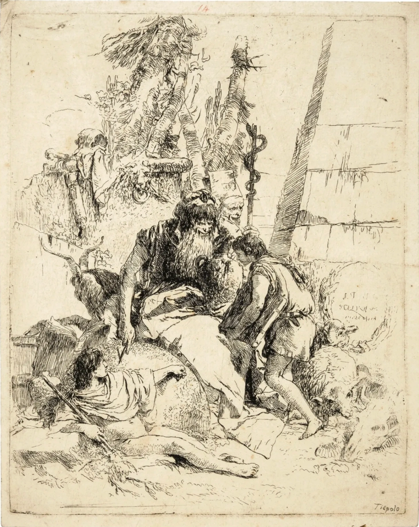 Giambattista Tiepolo, Due maghi e due ragazzi, 1740 circa, acquaforte, 22 × 17,5 cm, tratta dalla serie Scherzi di Fantasia.
