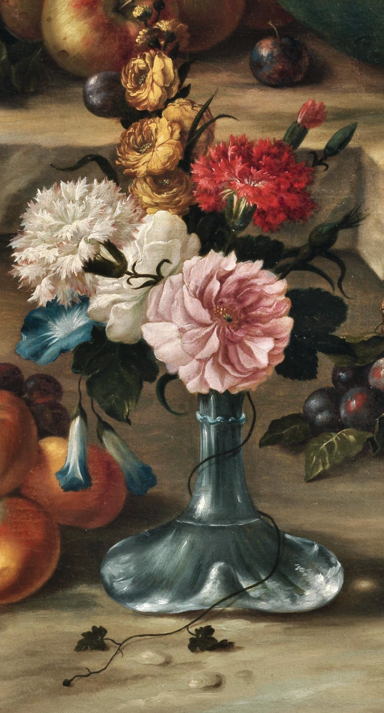 Giovanni Stanchi e Anna Stanchi, Un'anguria, un melograno, mele, prugne, uva e pomodori, un piccolo mazzo di fiori in un vaso, una lepre e un'upupa, tutti su sporgenze di pietra, un paesaggio sullo sfondo, olio su tela, 76 x 99,5 cm, collezione privata. Dettaglio © Dorotheum