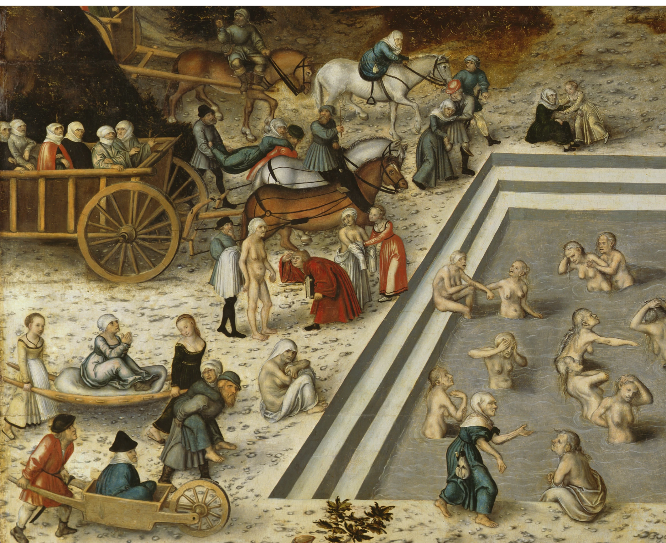 Lucas Cranach, La fontana della Giovinezza, 1546, 122.5 x 186 cm, Gemäldegalerie, Berlino. Dettaglio della parte sinistra del dipinto, che vede protagoniste anziane donne che si immergono nella fontana.