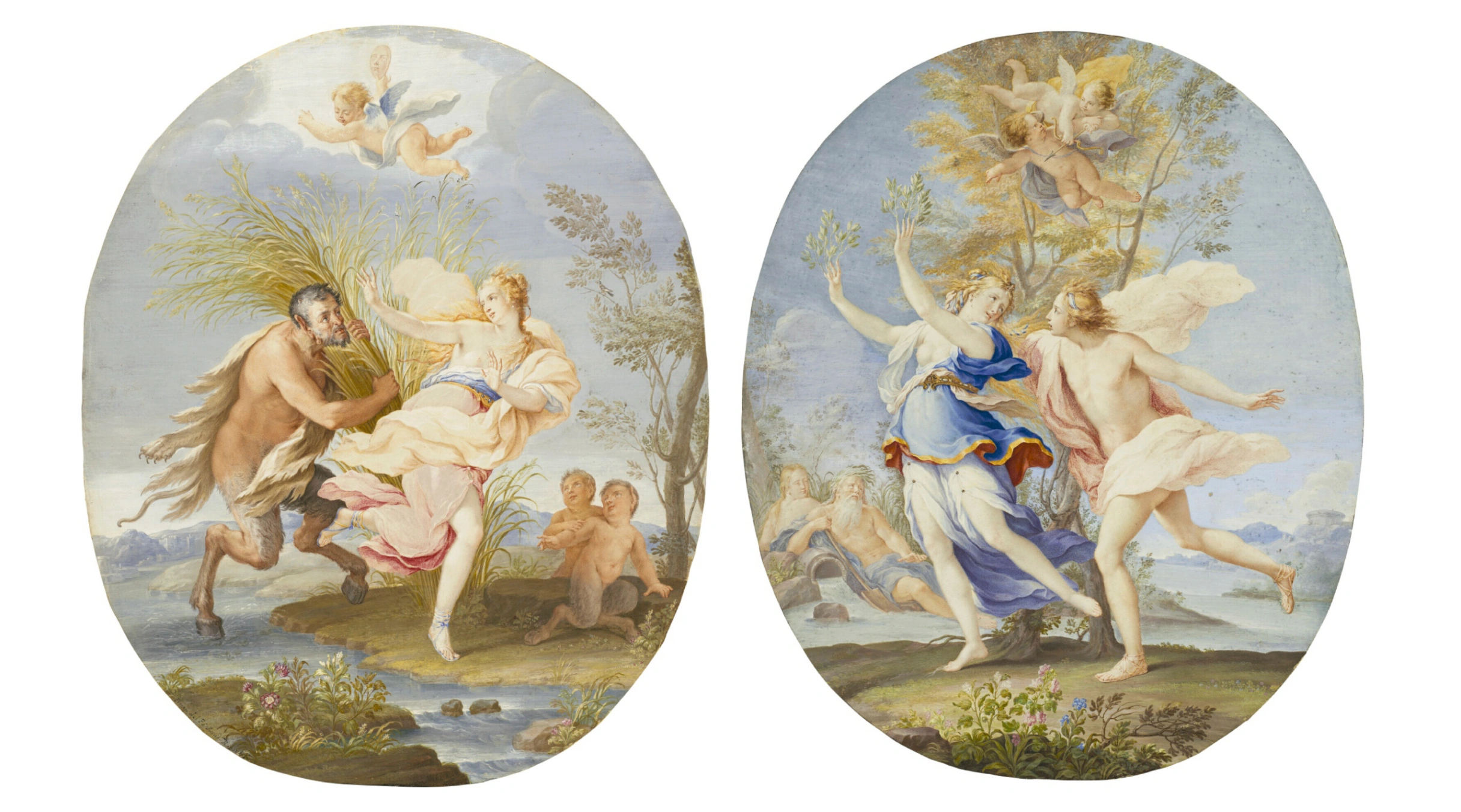 Teresa del Po, Pan e Sirinx e Apollo e Dafne, colori a corpo su pergamena, montati su cartoncino, 37 x 30,7 cm, ovale, collezione privata © Cambi Casa d'Aste