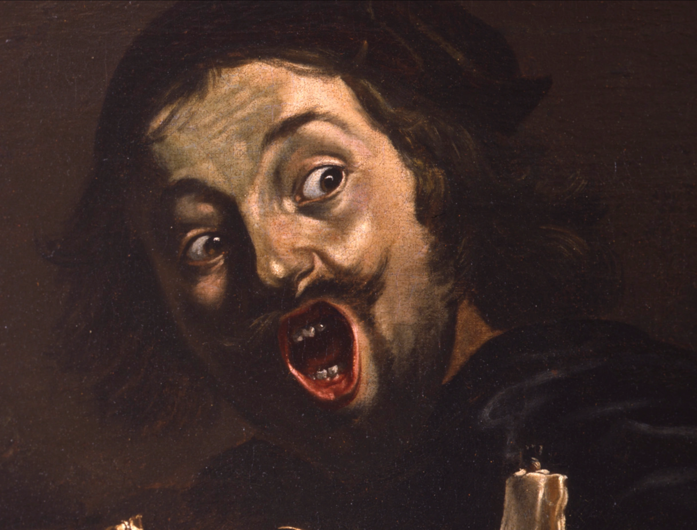 Pieter van Laer, Autoritratto con scena magica, 1635-1637, olio su tela, 80 x 114.9 cm, Leiden Collection, New York. Dettaglio del volto del pittore.