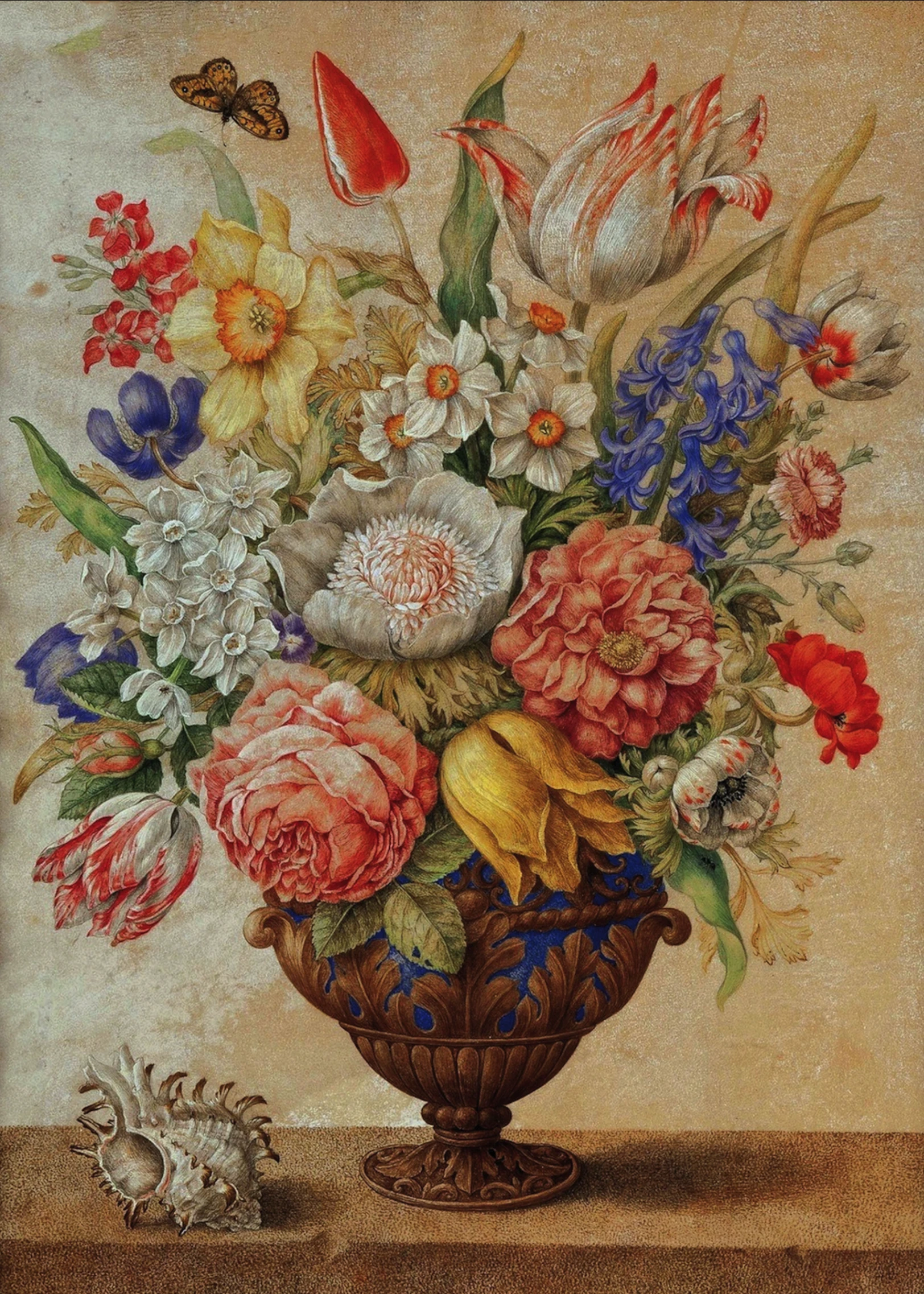 Giovanna Garzoni, Fiori in un vaso posto su una base di pietra con una conchiglia a lato, tempera e tracce di matita nera su pergamena, 45,3 x 33,4 cm, collezione privata © Wannenes Casa d'Aste.