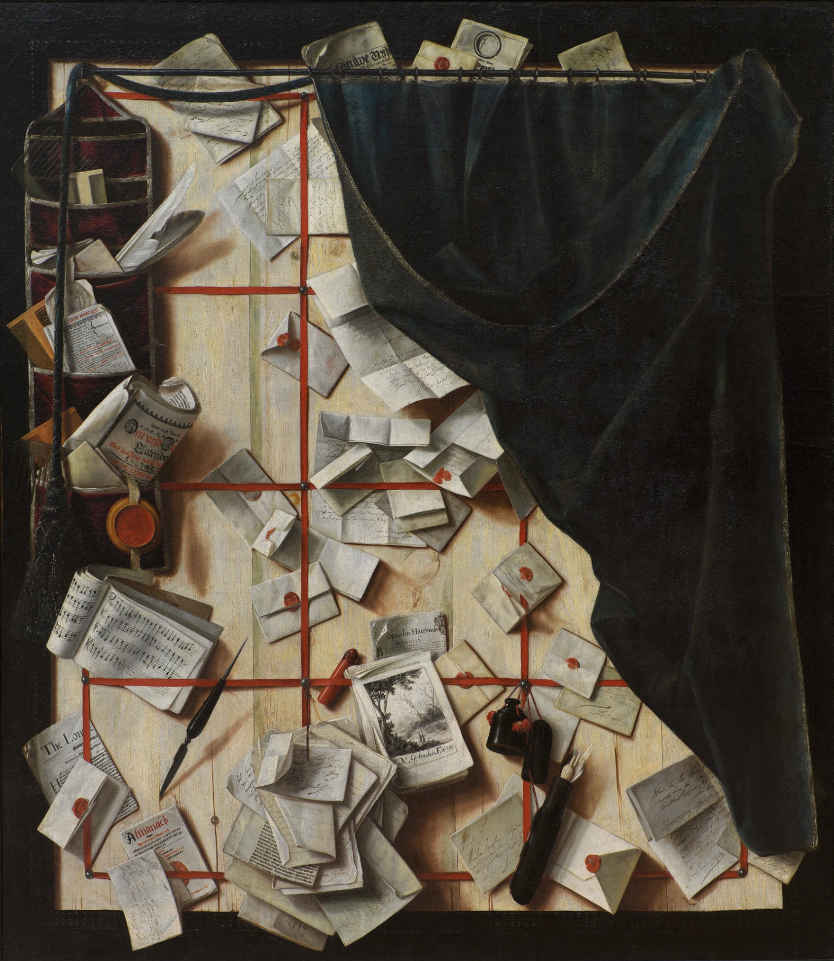 Cornelis Norbertus Gysbrechts, Trompe l'œil. Parete divisoria con bacheca porta lettere e libro di musica, 1668, olio su tela, 12, 35 x 10,70 cm, Statens Museum for Kunst, Copenhagen.