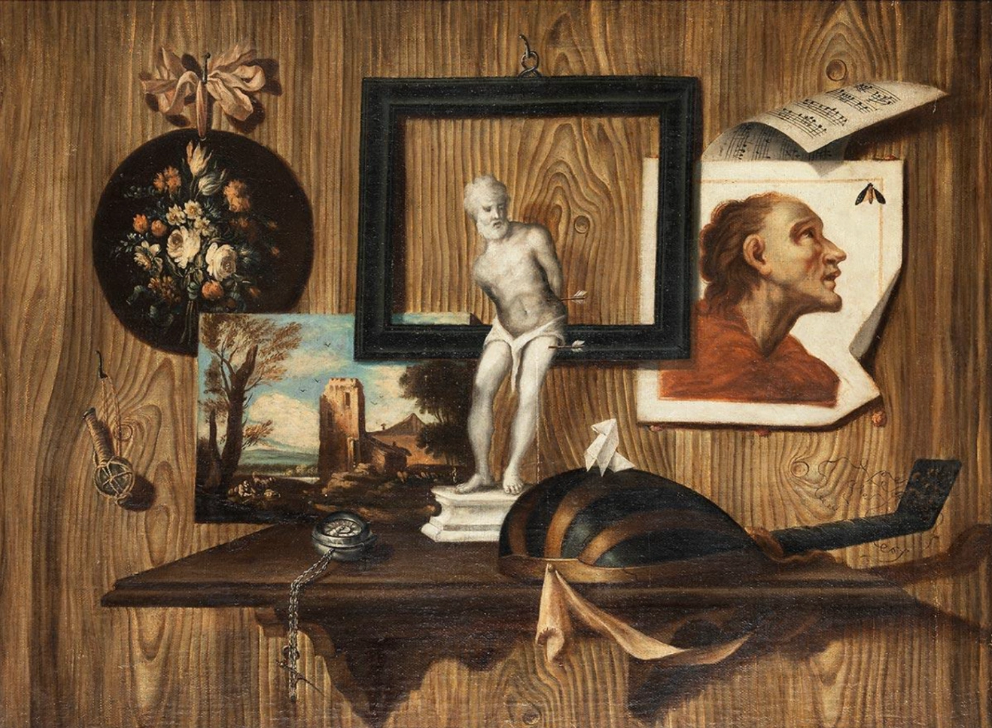 (attribuito a) Domenico Remps, Trompe-l'œil con mensola, scultura e dipinti, olio su tela applicata su tavola, 73 x 98 cm, collezione privata.
