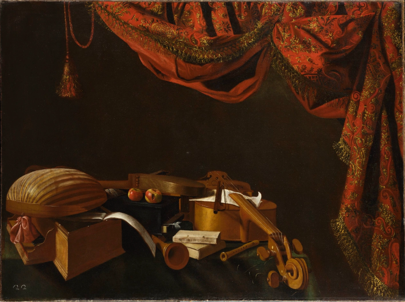 Evaristo Bascheris, Strumenti musicali e tendone rosso, 1670 circa, pittura ad olio, 95 x 128 cm, Accademia Carrara, Bergamo.