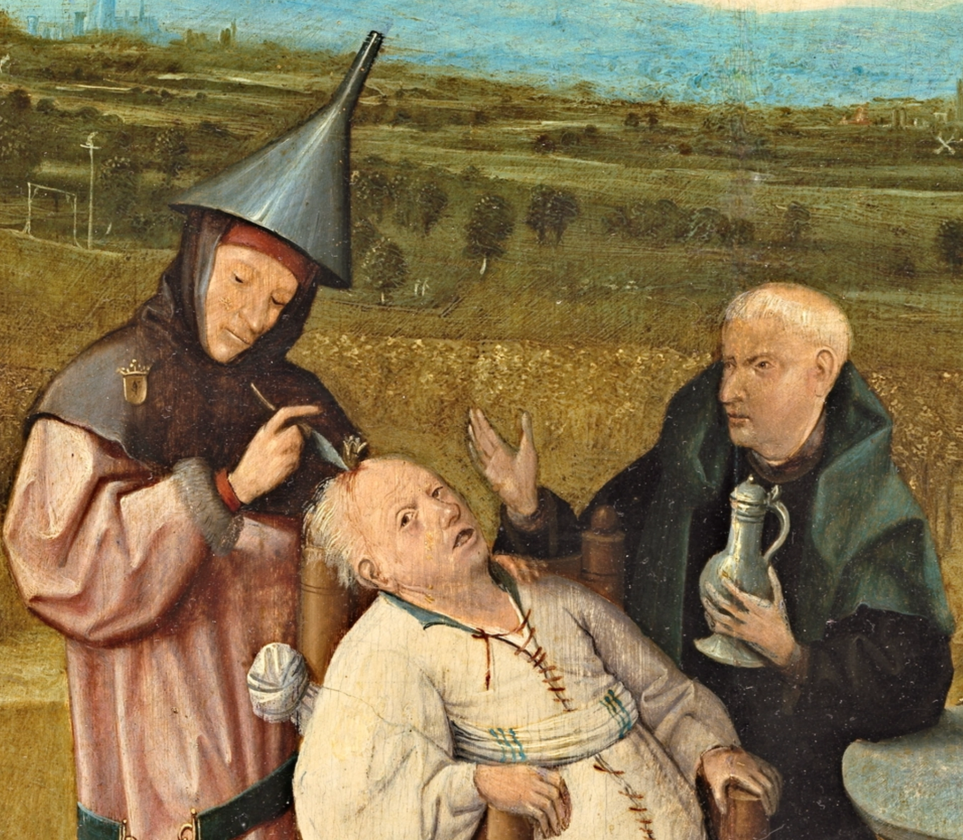 Hieronymus Bosch, L'estrazione della pietra della follia, 1494 circa, olio su tavola, 48 × 35 cm, Museo del Prado, Madrid. Dettaglio del presunto medico, del paziente e del religioso.