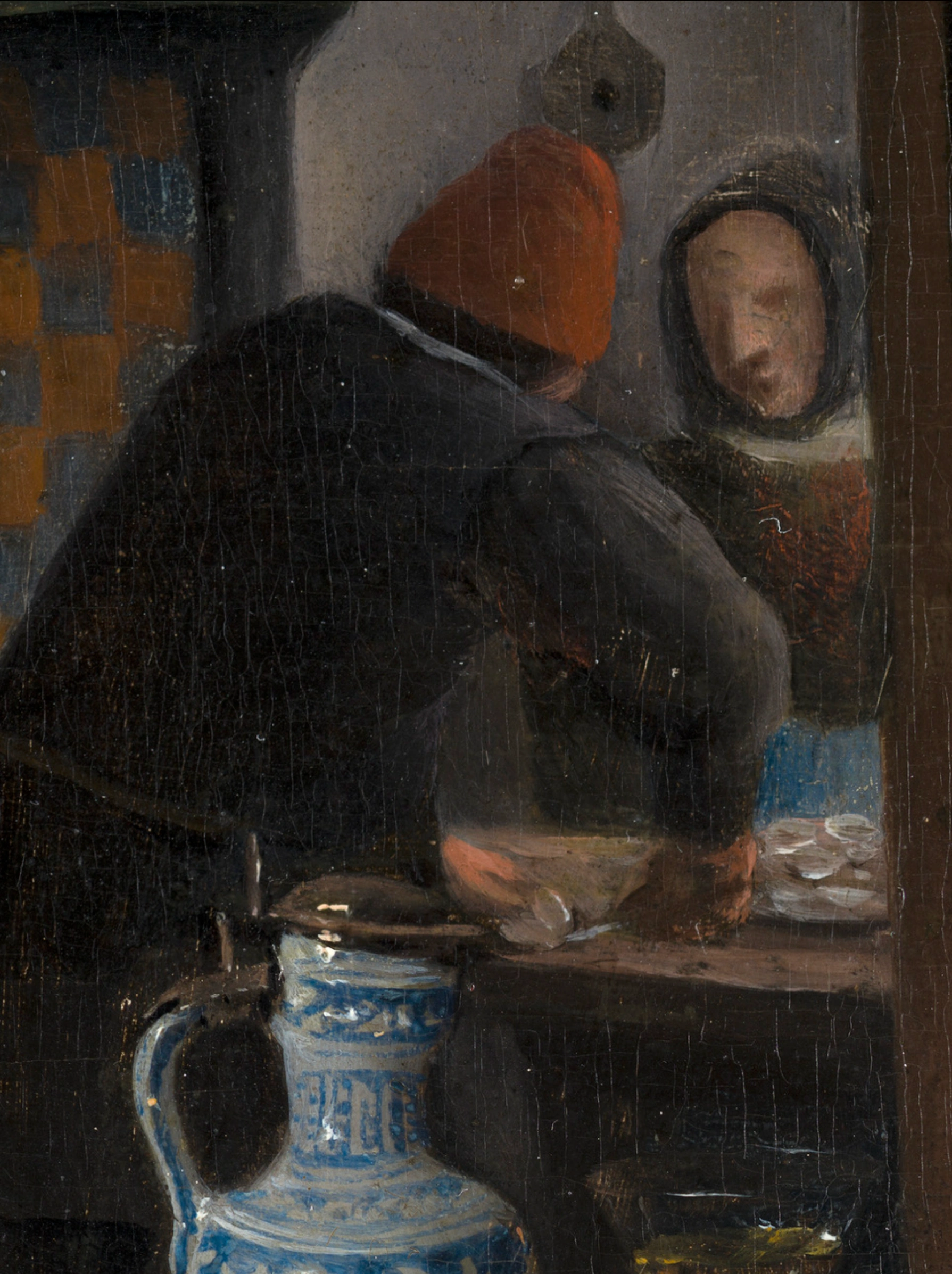 Jan Steen, Ragazza che mangia ostriche, 1658-1660 circa, olio su tavola, 20,4 x 15,1 cm, Mauritshuis, The Hauge. Dettaglio della scena sullo sfondo a sinistra: un uomo sta servendo delle ostriche a una donna.