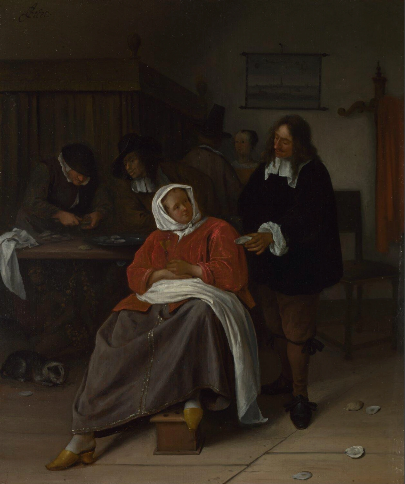 Jan Steen, Interno con un uomo che offre un'ostrica a una donna, 1660-1665, olio su tavola di legno, 38,1 × 31,5 cm, National Gallery, Londra.
