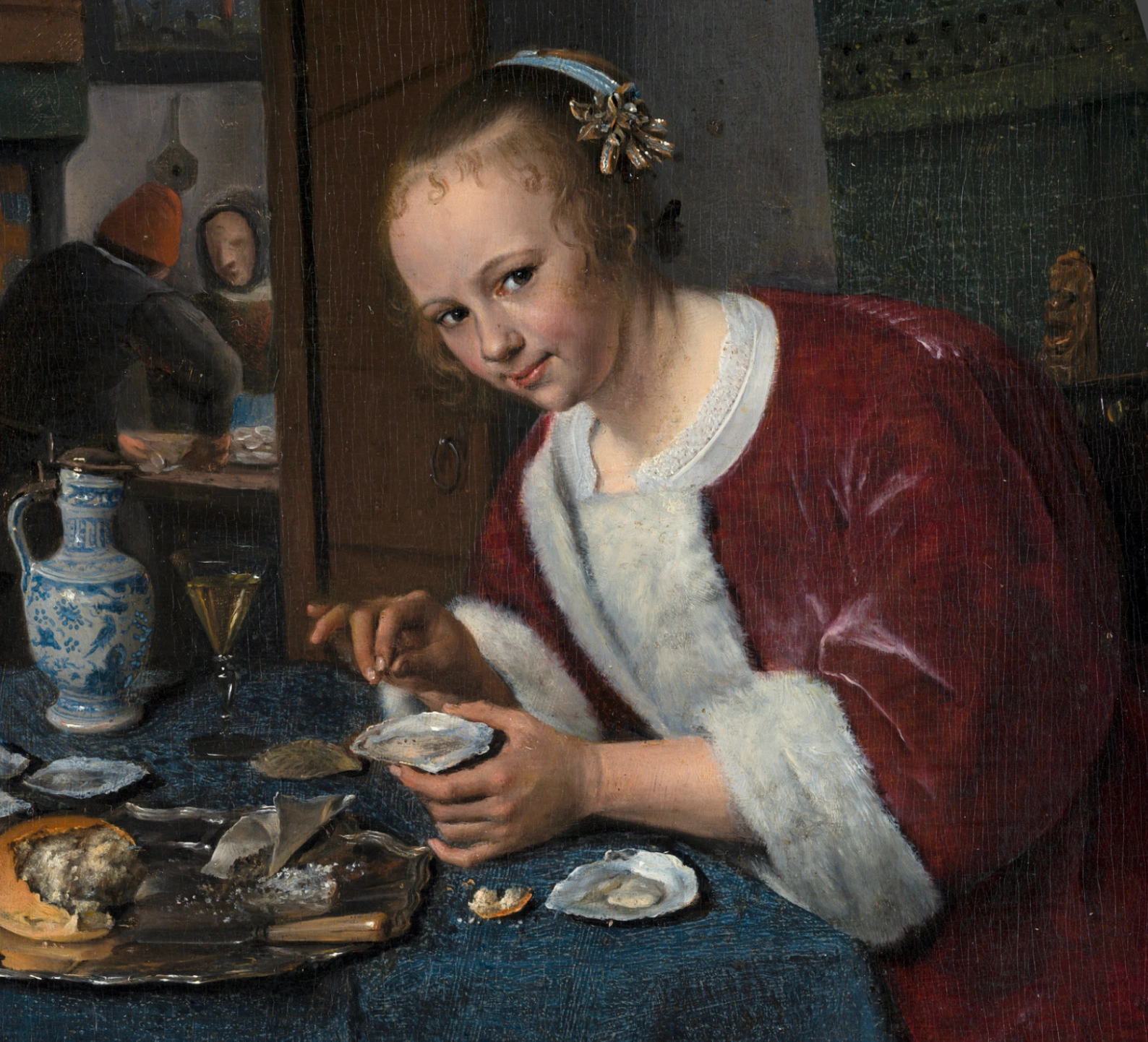 Jan Steen, Ragazza che mangia ostriche, 1658-1660 circa, olio su tavola, 20,4 x 15,1 cm, Mauritshuis, The Hauge. Dettaglio dello sguardo malizioso della giovane protagonista.