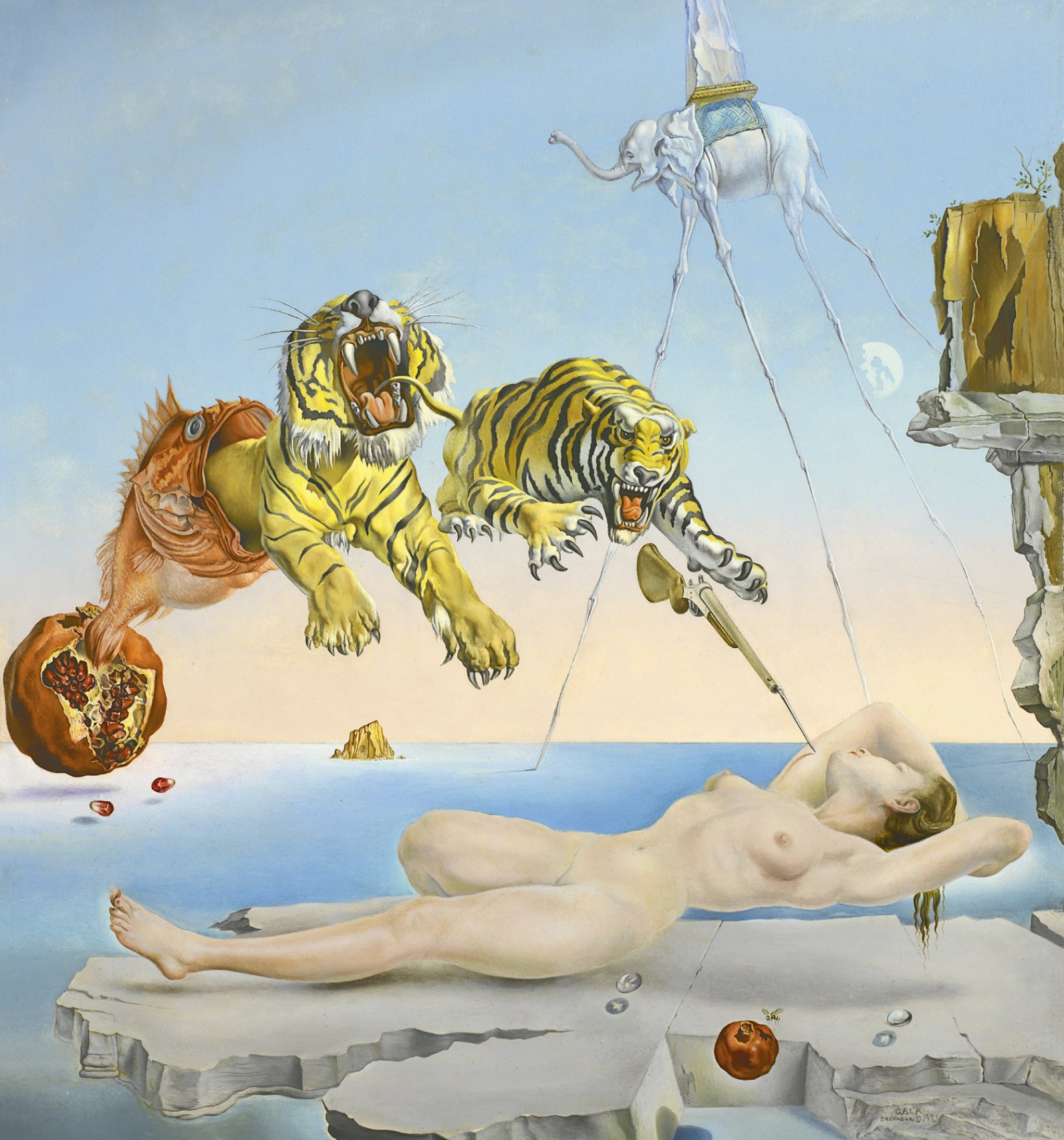 Salvador Dalì, Sogno causato dal volo di un'ape attorno a una melagrana un secondo prima del risveglio, 1944, olio su tavola, 51 x 41 cm, Museo Nacional Thyssen-Bornemisza, Madrid.