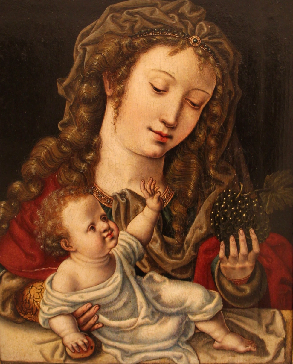 Jan Gossaert detto Mabuse (bottega), Madonna dell'Uva, 1530 circa, Mus'a - Museo Sassari Arte, Pinacoteca al Canopoleno, Sassari.