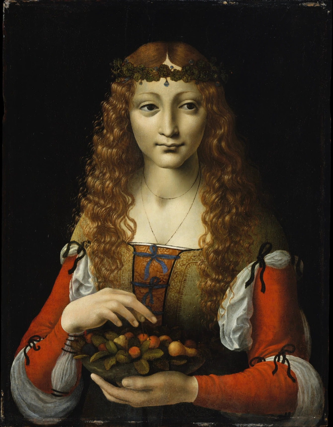 Marco d'Oggiono (attribuito), Ragazza con ciliegie, 1491–1495 circa, olio su tavola, 48,9 x 37,5 cm, The Metropolitan Museum of Art, New York.