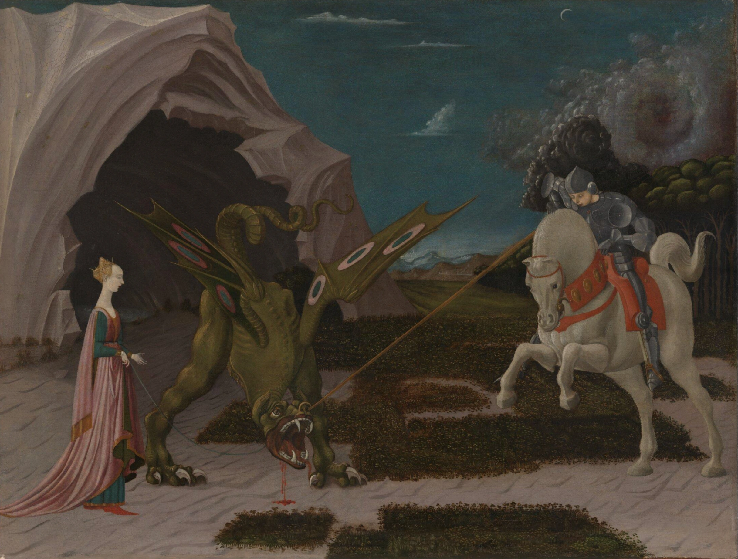 Paolo Uccello, San Giorgio e il drago, 1470, olio su tela, 55,6 × 74,2 cm, National Gallery, Londra.