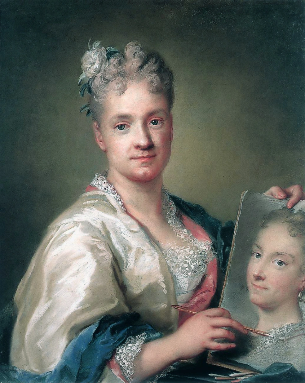 Rosalba Carriera, Autoritratto con il ritratto della sorella ,1715, pastello su carta, 71 x 57 cm, Gallerie degli Uffizi, Firenze.