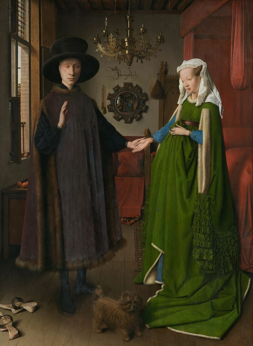 Jan Van Eyck, Ritratto dei coniugi Arnolfini, 1434, olio su tavola, 81,8 × 59,7 cm, National Gallery, Londra.