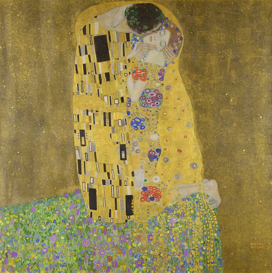 Gustav Klimt, il Bacio, 1907-1908, olio su tela, 180 × 180 cm, Österreichische Galerie Belvedere, Vienna.