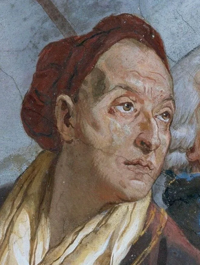 Giambattista Tiepolo, Autoritratto, affresco, 1750-1753. Dettaglio della decorazione pittorica della residenza di Würzburg.