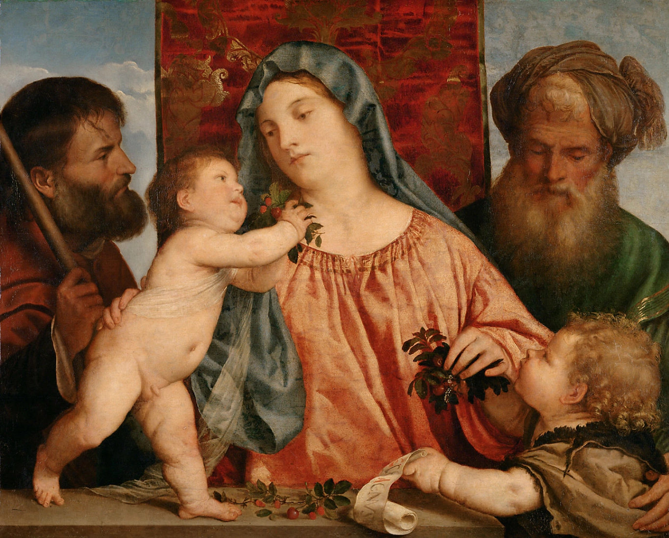 Tiziano Vecellio, Madonna delle Ciliegie, 1516-1518 circa, olio su tela trasportato su tavola, 81,6 × 100,2 cm, Kunsthistorisches Museum, Vienna.