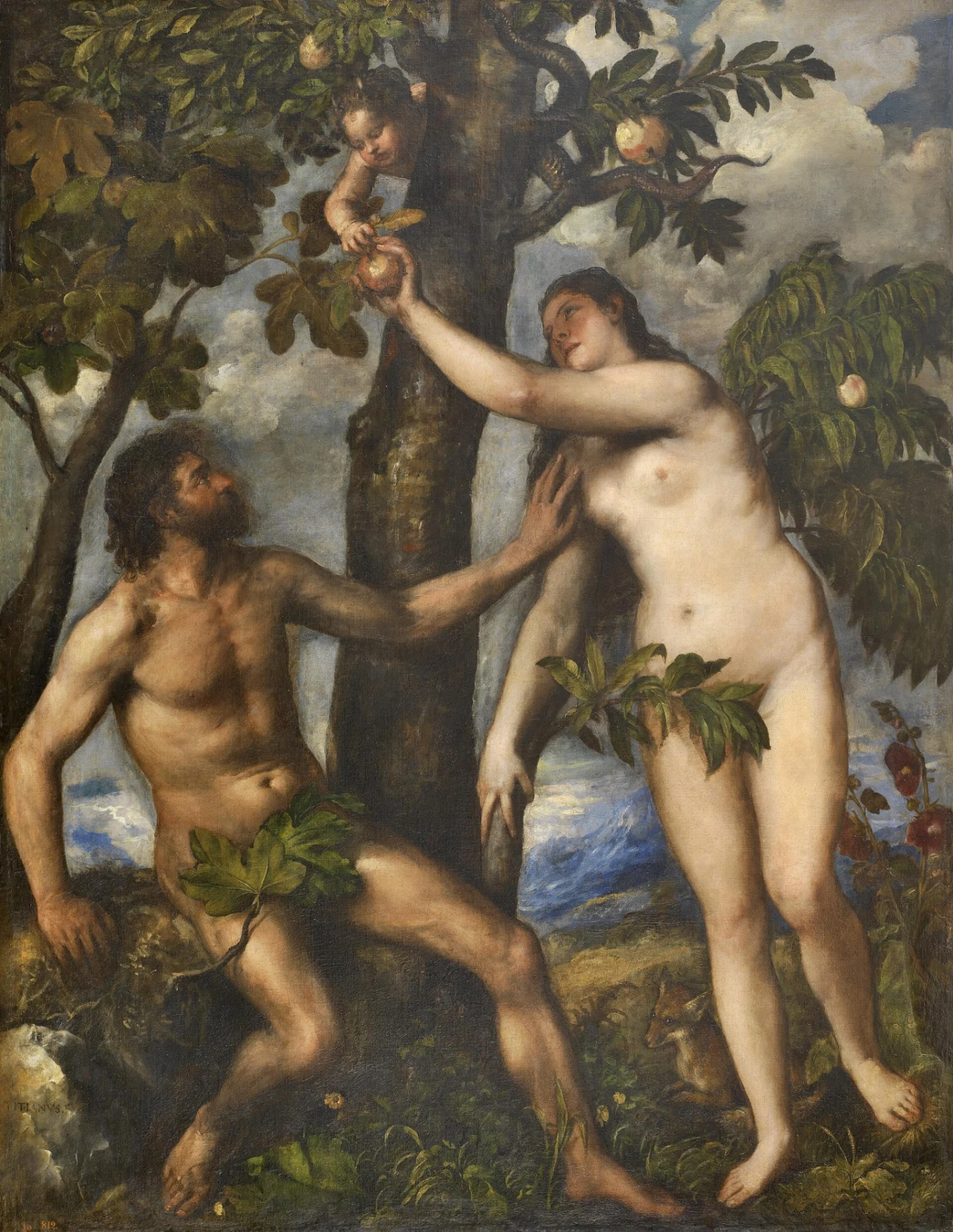 Tiziano Vecellio, Tentazione di Adamo ed Eva, 1550 circa, olio su tela, 240 × 186 cm, Museo del Prado, Madrid.