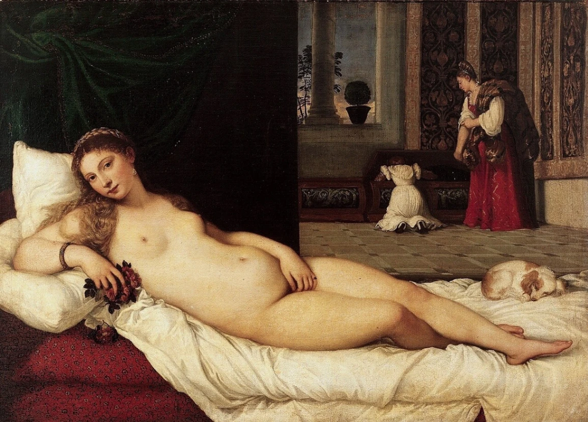 Tiziano Vecellio, Venere di Urbino, 1538, olio su tela, 119 x 165 cm, Gallerie degli Uffizi, Firenze.