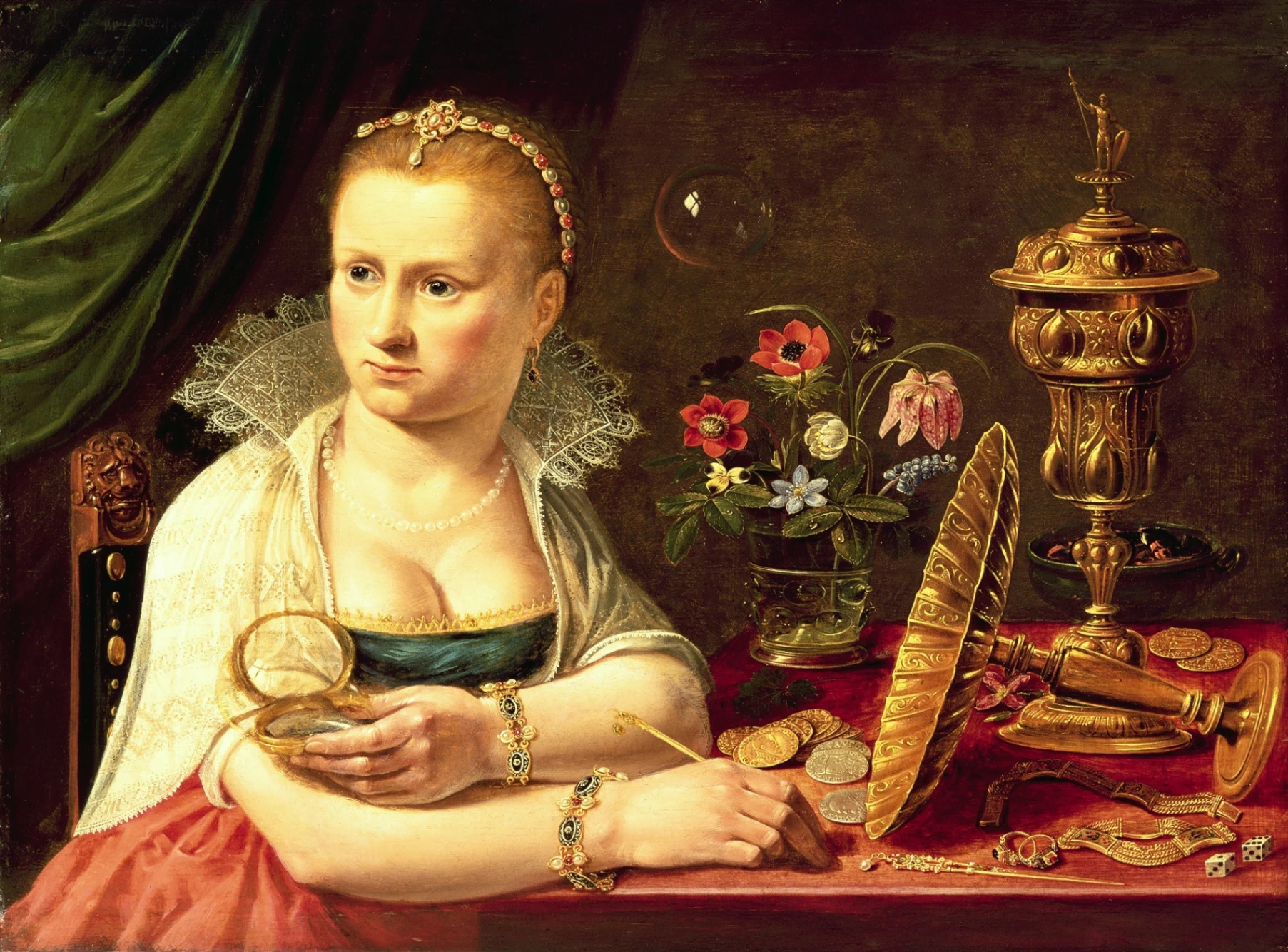 Clara Peeters, Autoritratto (?) di Clara Peeters, seduta a un tavolo con oggetti preziosi, 1615 -1621, olio su tavola di quercia, 37,2 x 50,2 cm, collezione privata.