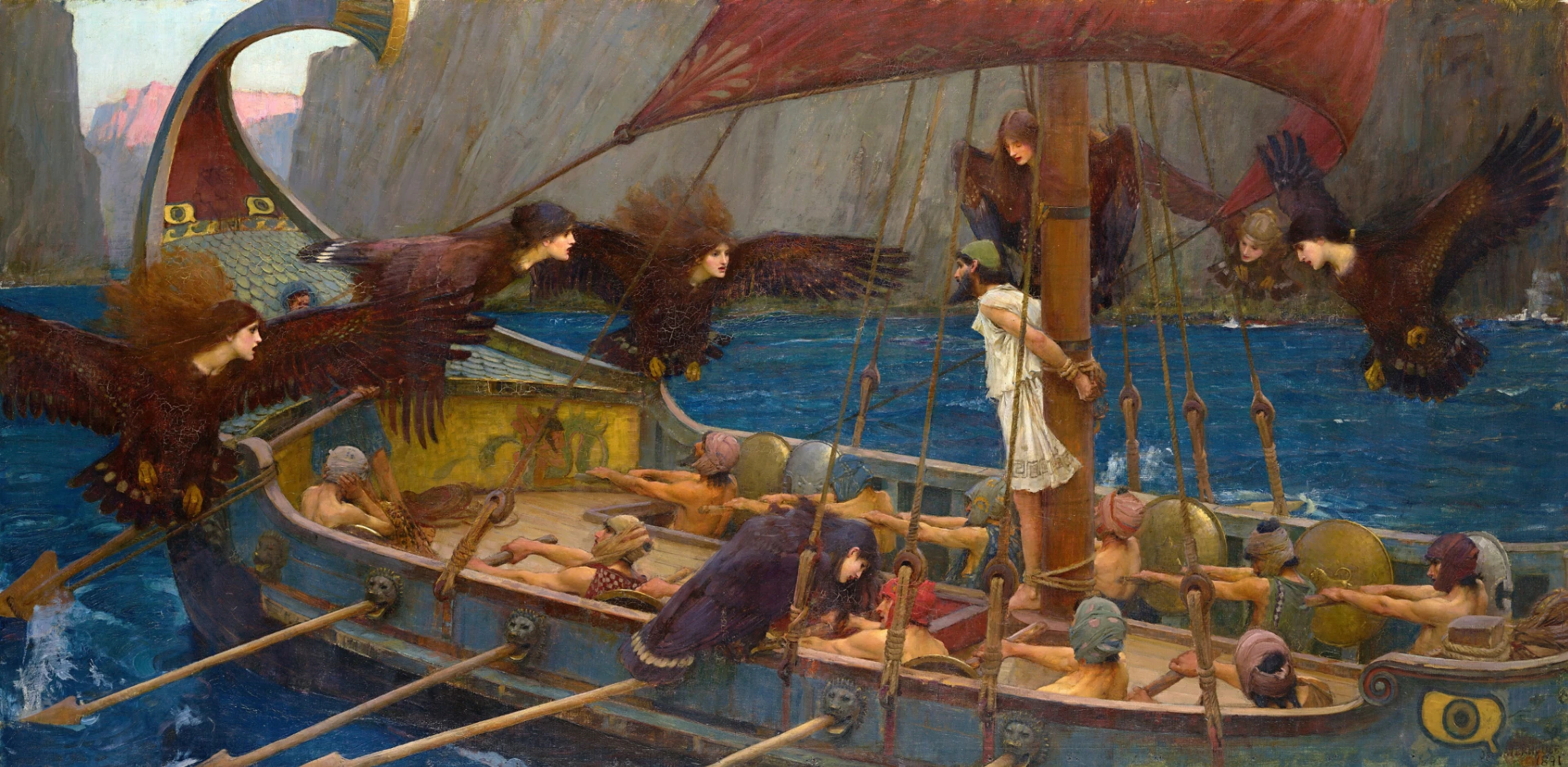 John William Waterhouse, Odisseo e le Sirene, 1891, olio su tela, 100,6 cm x 202 cm, National Gallery of Victoria, Melbourne.