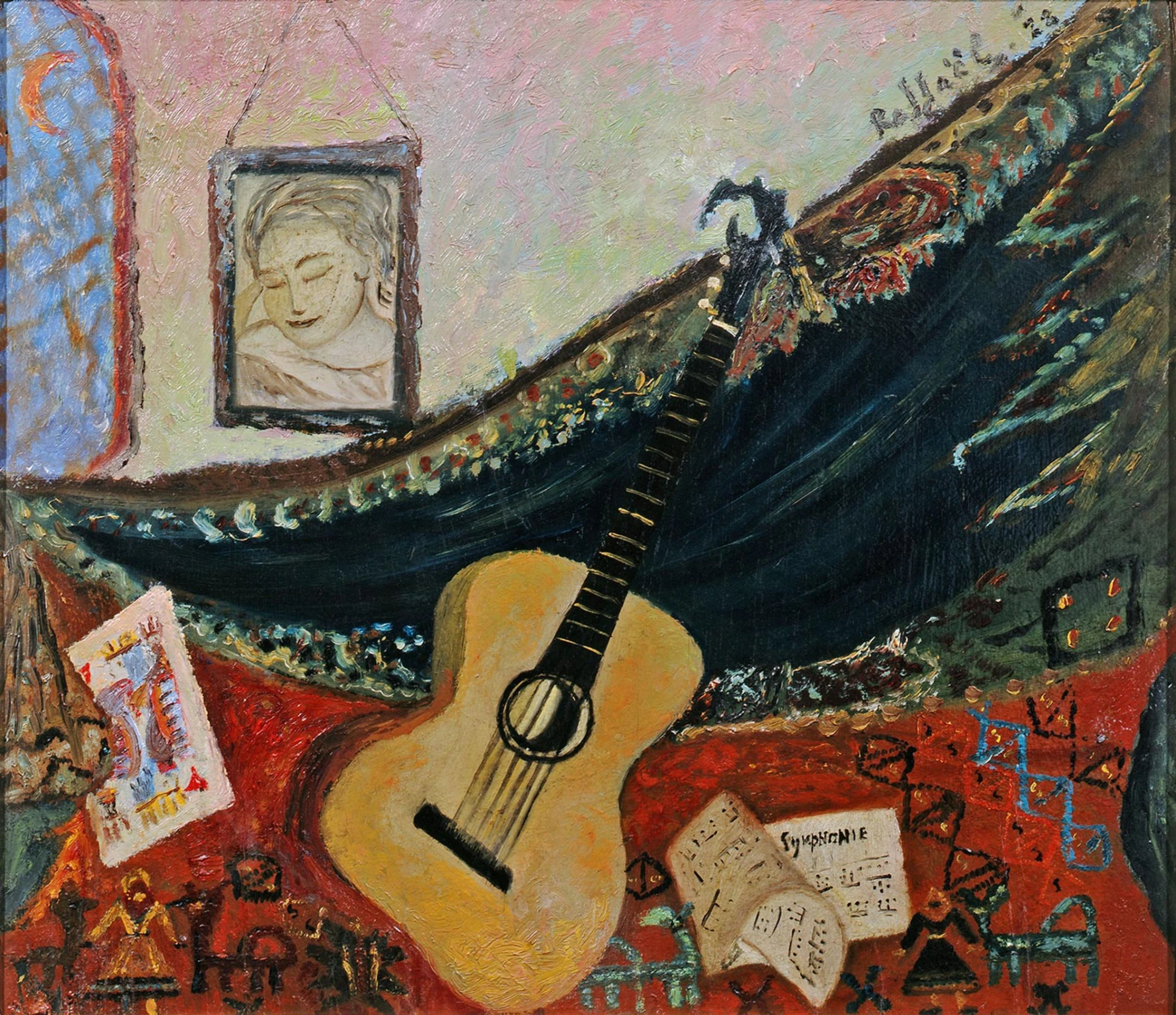 Antonietta Raphaël, Natura morta con chitarra, 1928, olio su tavola, 39 × 45 cm, Collezione Giuseppe Iannaccone.