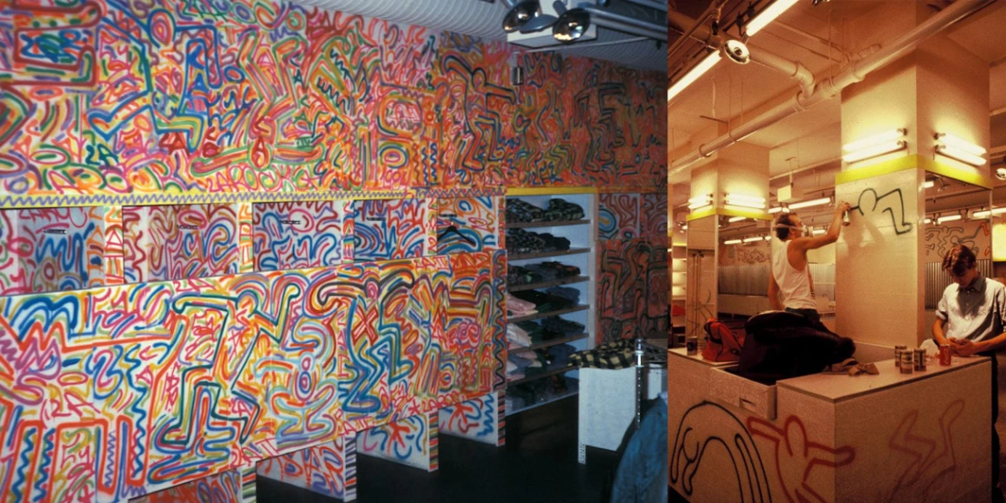 Keith Haring negli anni 80 firmò con i suoi graffiti il restyling del negozio Fiorucci di Milano.