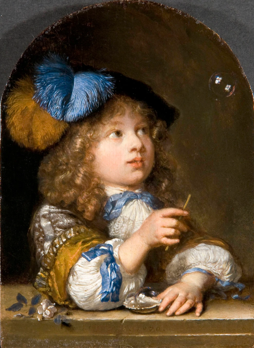 Caspar Netscher, Ragazzo che fa bolle di sapone, 1670, olio su tavola, 11,2 x 8,4 cm, Mauritshuis, The Hague.