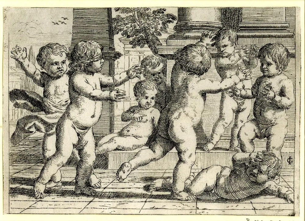 Giacinto Gimignani, Scherzi e giuochi diversi de putti, tavola III, Bambini che giocano a nascondino, 1647, acquaforte,11 x 15,8 cm, British Museum, Londra.