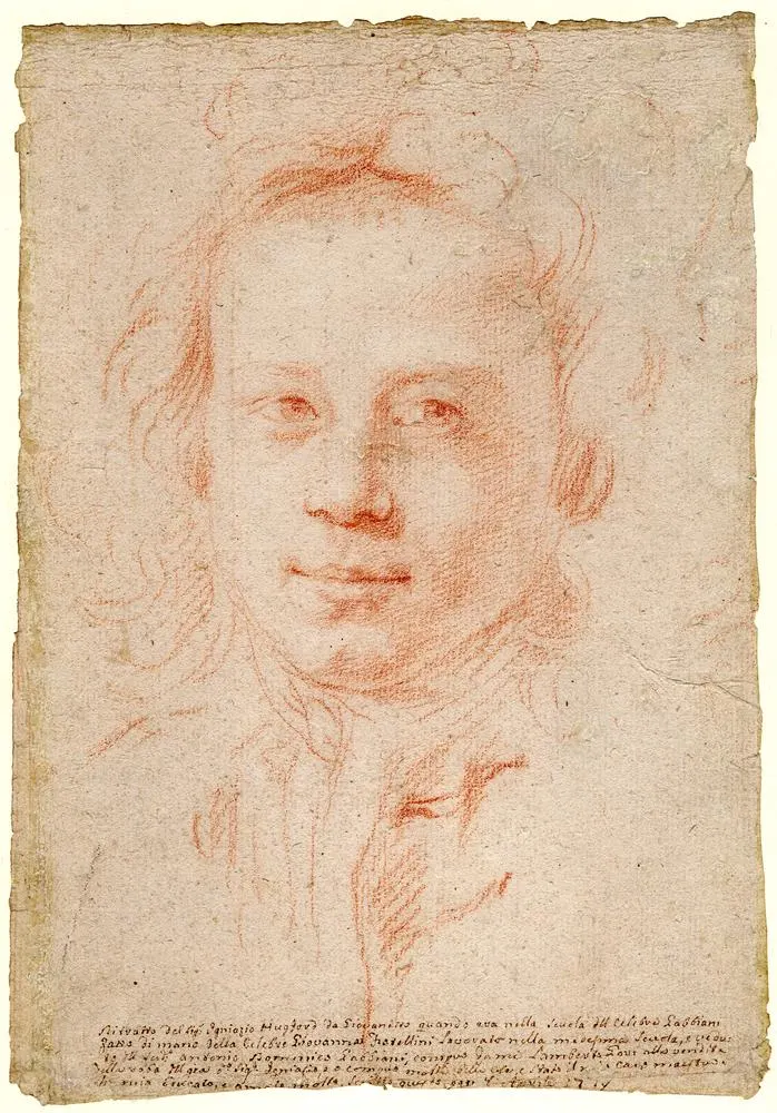 Giovanna Fratellini, Ritratto di Ignazio Hugford; testa e spalle di fronte, con lo sguardo leggermente rivolto a destra, 1666-1731 circa, gesso rosso su carta, 28 x 19,7 cm, British Museum, Londra.