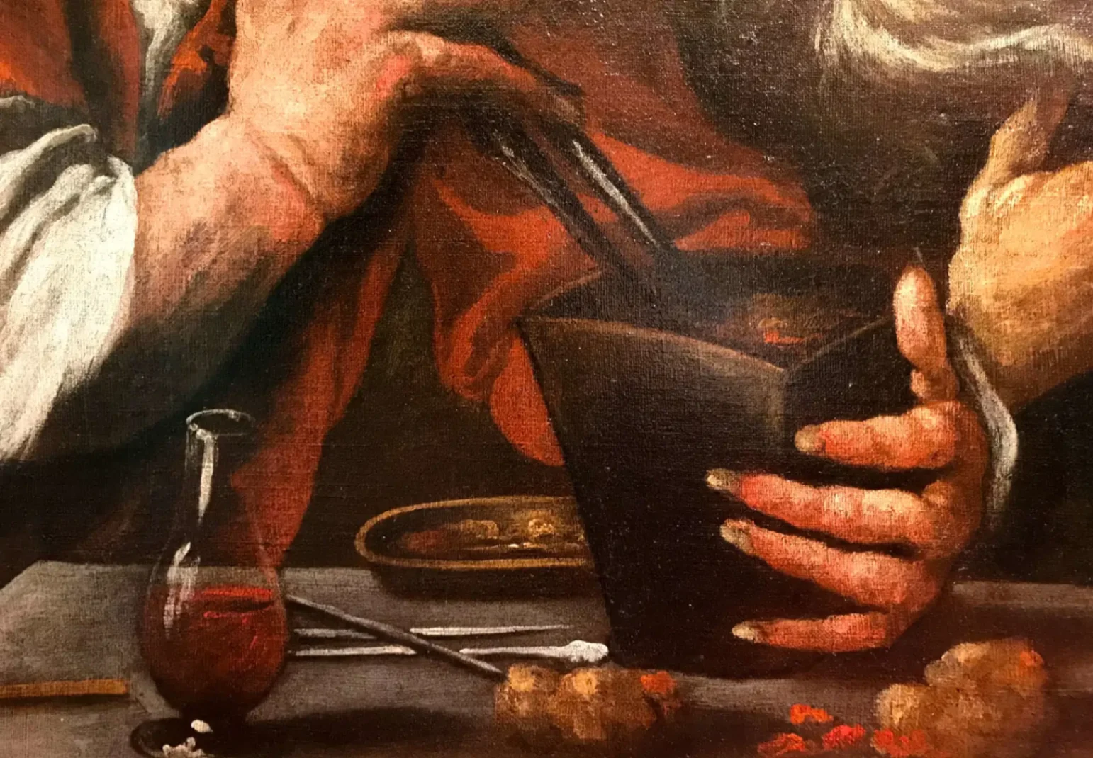 Dettaglio dell'opera di Pietro della Vecchia, I tre alchimisti , 1660 circa, olio su tela, 73 x 97 cm, Giorgio Baratti Antiquario.