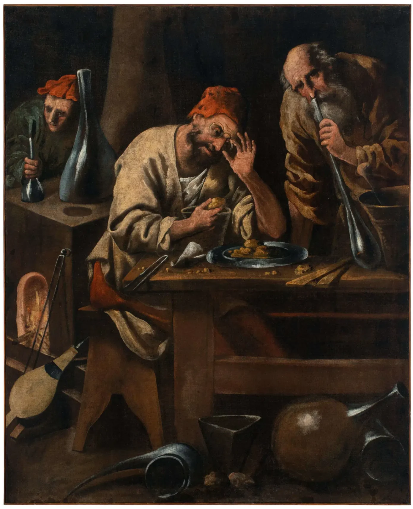 Pietro della Vecchia, Tre alchimisti, metà del XVII secolo, olio su tela, 142 x 118 cm, Musei Civici di Padova, Museo d’Arte, Padova.