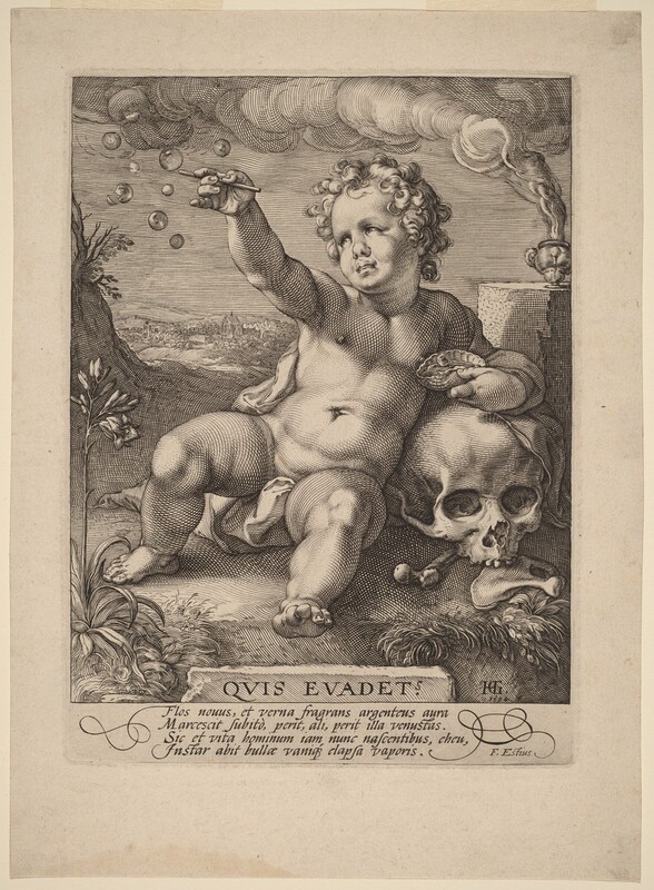 Hendrik Goltzius, Allegoria della fugacità (“Homo Bulla”), incisione su carta vergata, 1594, 26,5 x 19,4 cm, National Gallery, Washington.