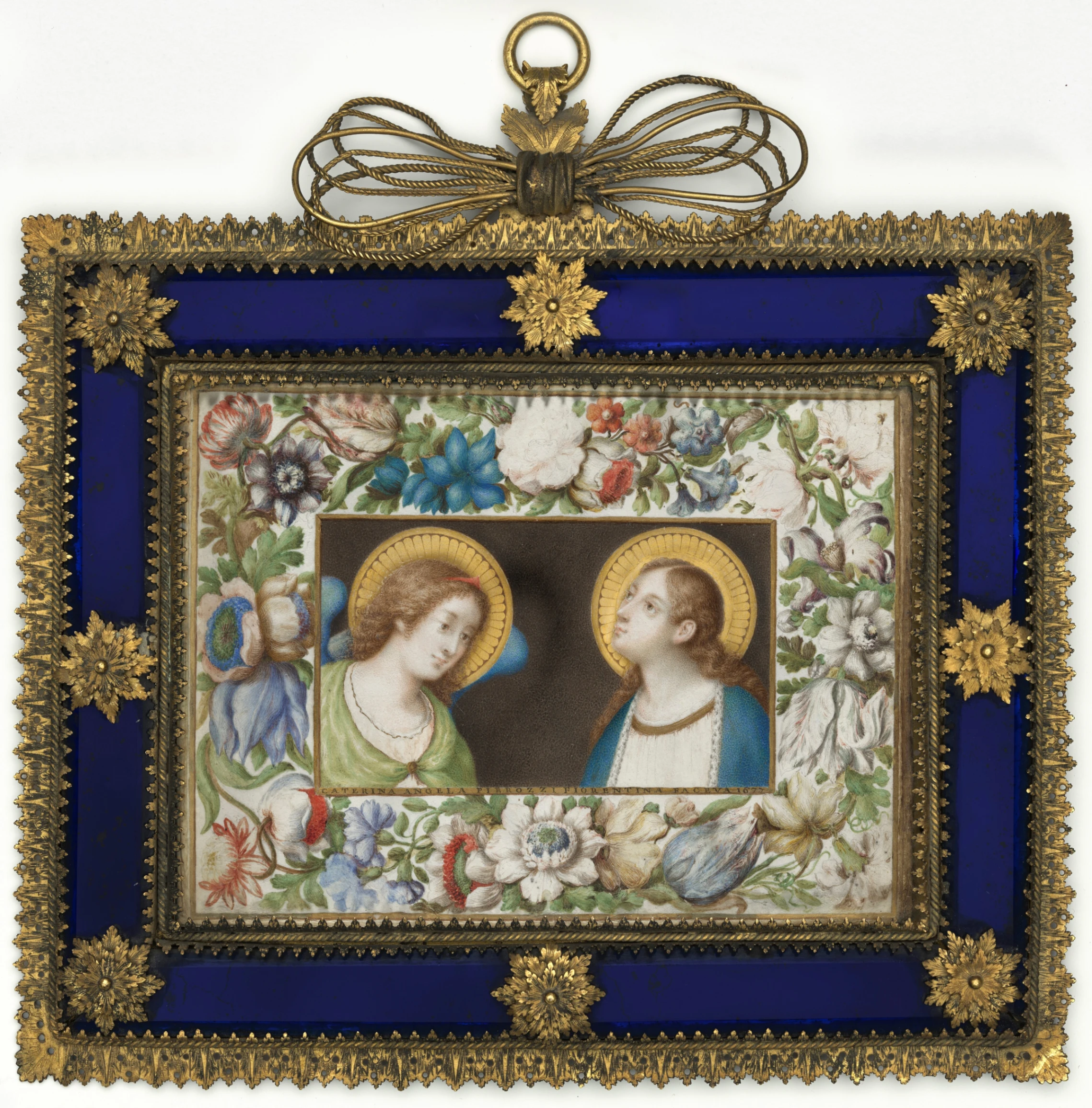 Caterina Angela Pierozzi, Annunciazione, acquerello e guazzo su pergamena in cornice di metallo e vetro blu, 1677, acquerello 13,4 × 18,1 cm, cornice 22,5 × 27,8 cm, Dono di Roger Sant, Fondo permanente dei mecenati, e dono di Deborah Burklund.