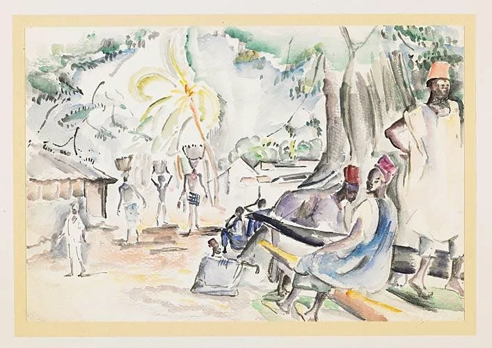 Lucie Cousturier, Scena africana, acquerello, grafite, su carta incollata su ?, 16,7 x 24,8 cm, Donazione di Adèle e George Besson, 1963, © Museo delle Belle Arti e dell'Archeologia di Besançon - Comune di Besançon. Rif. immagine: 5A04324.